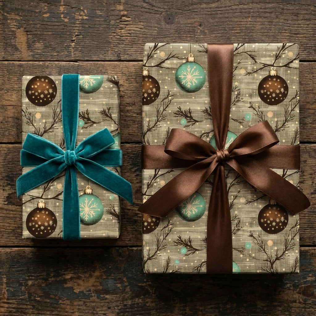 Vintage Christmas wrapping paper with ornament pattern and velvet bow on wood by Wrapped Studios.