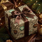 Luxury Christmas gift wrap with vintage ornaments and a brown satin bow by Wrapped Studios.