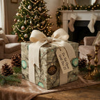 Luxury Christmas wrapping paper with vintage ornament print and cream bow by Wrapped Studios.