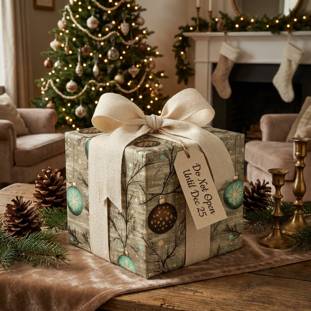 Luxury Christmas wrapping paper with vintage ornament print and cream bow by Wrapped Studios.
