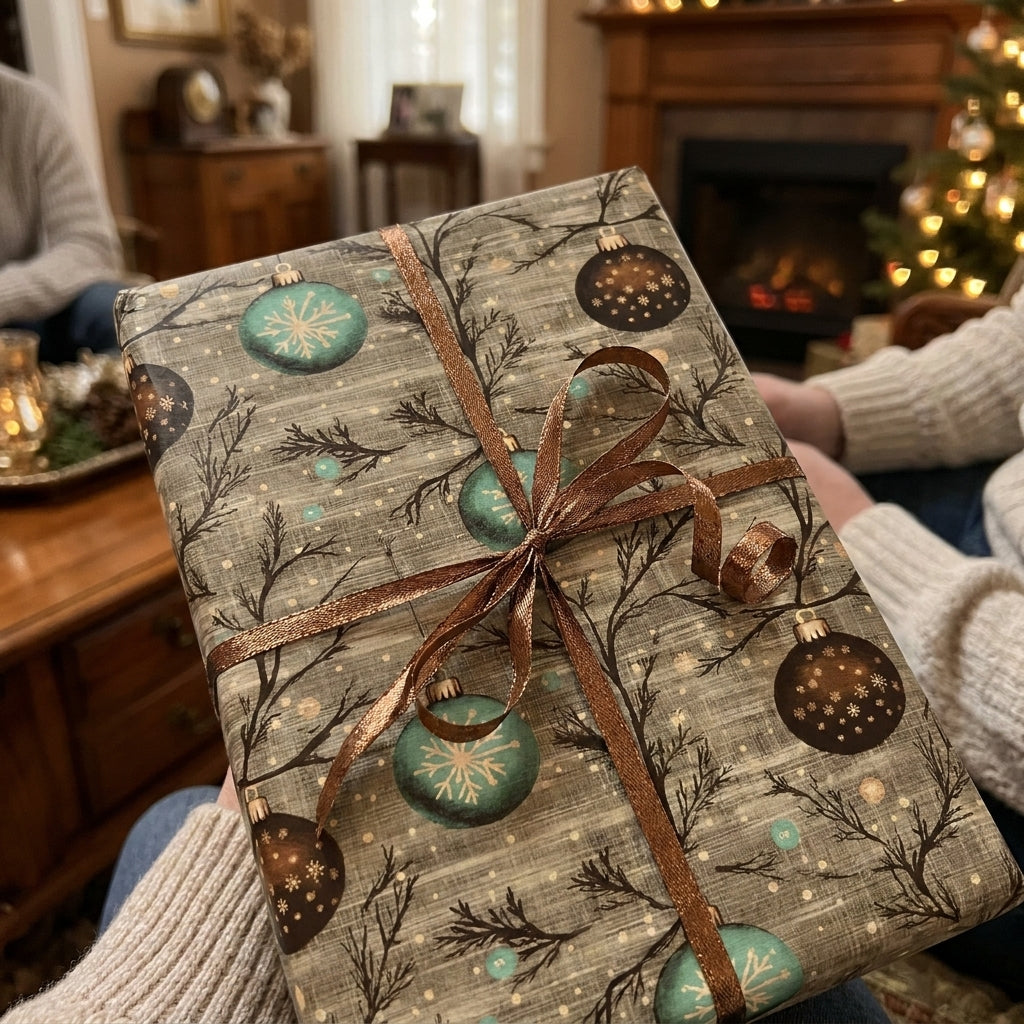 Vintage ornament Christmas wrapping paper with bronze ribbon by Wrapped Studios.