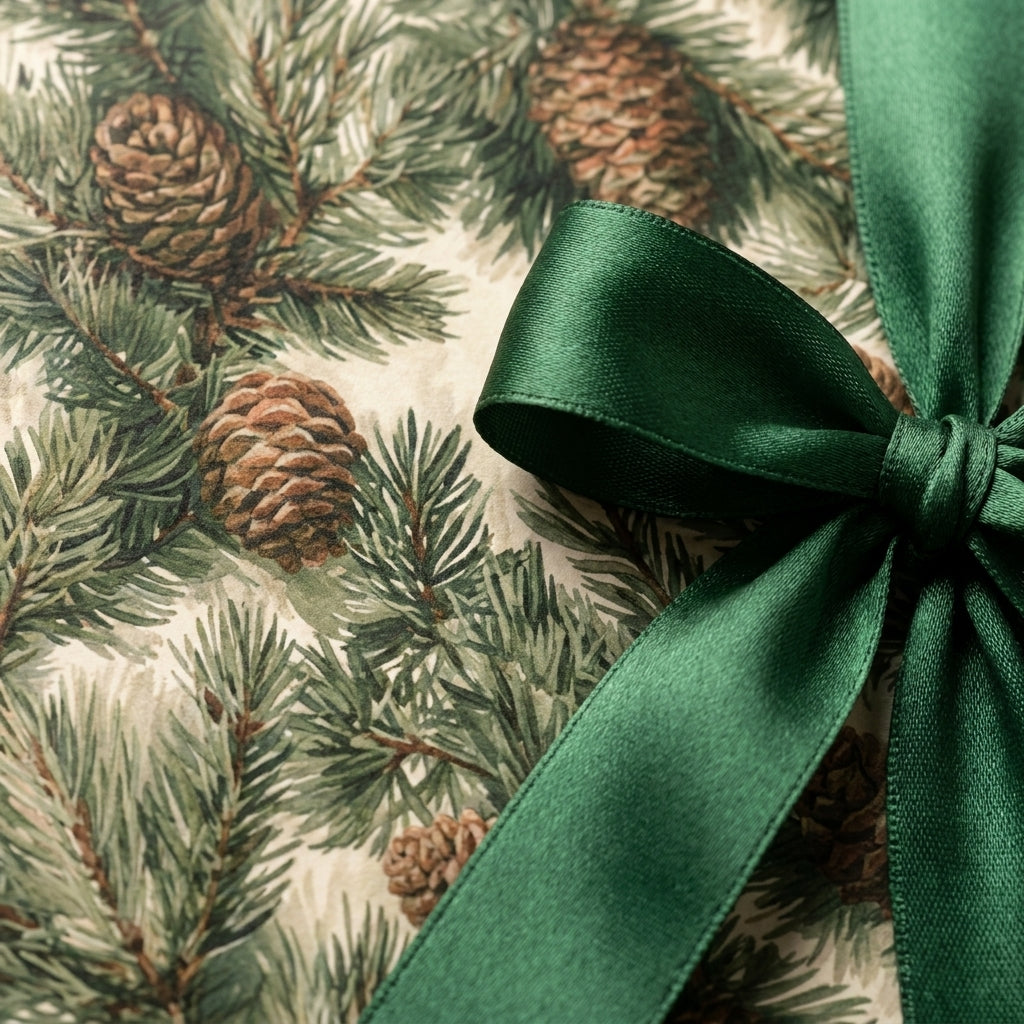 Rustic pine cone Christmas wrapping paper with an emerald green satin bow by Wrapped Studios.