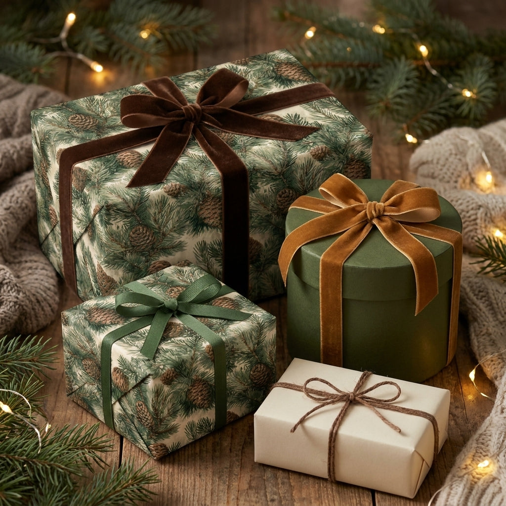 Pinecone Christmas wrapping paper with velvet ribbons on rustic gifts by Wrapped Studios.