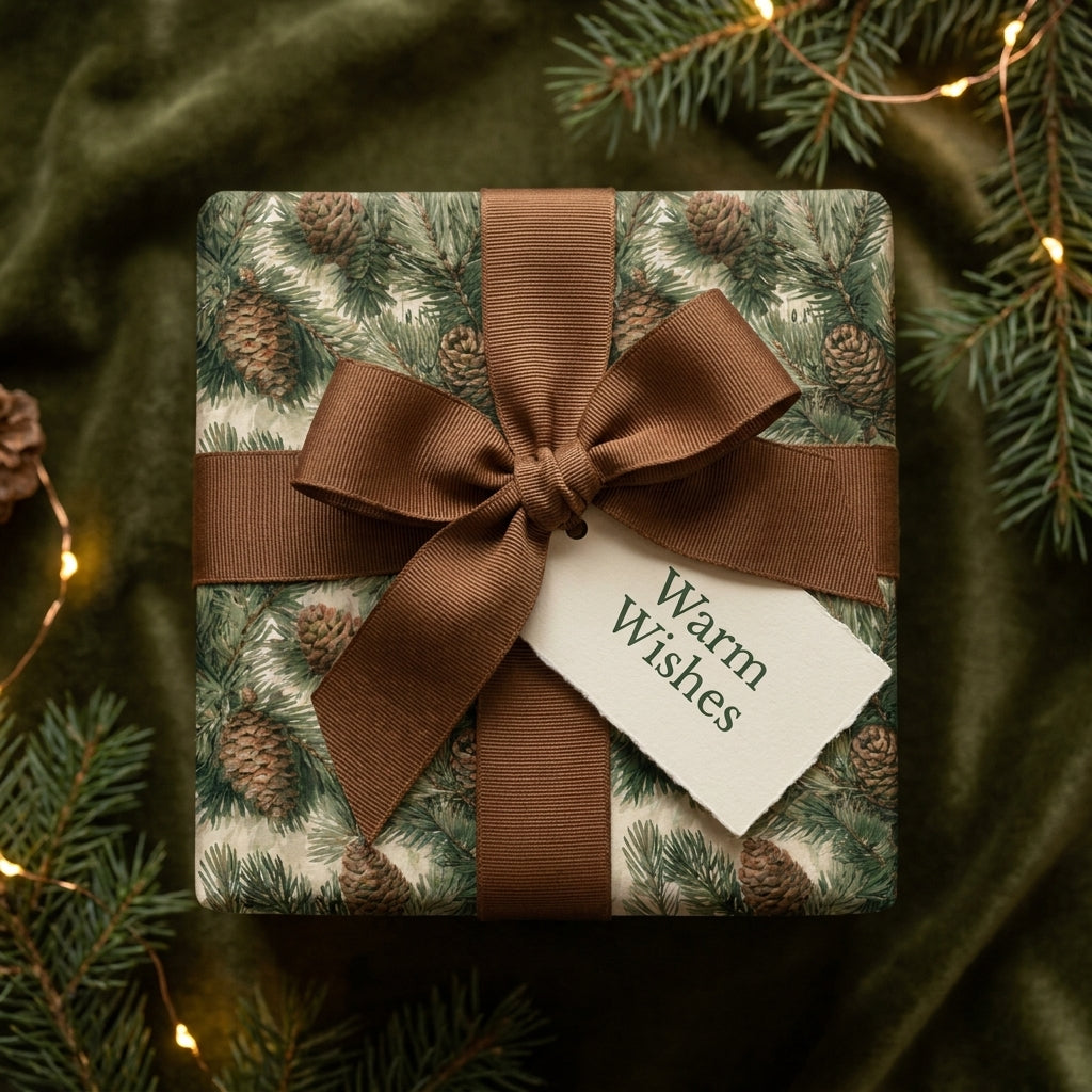Rustic pine cone Christmas wrapping paper with a brown ribbon and gift tag by Wrapped Studios.