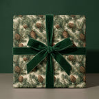 Forest pinecone Christmas wrapping paper with a dark green velvet bow by Wrapped Studios.
