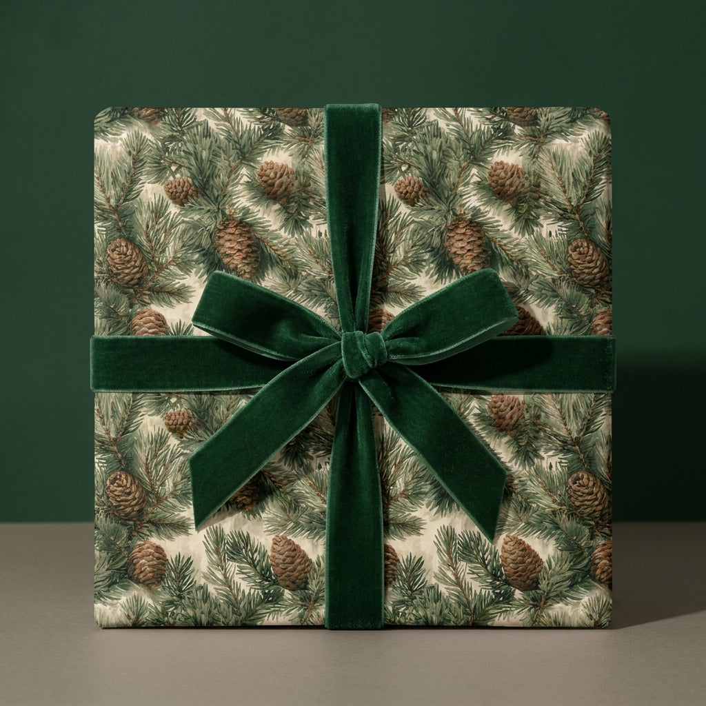 Forest pinecone Christmas wrapping paper with a dark green velvet bow by Wrapped Studios.