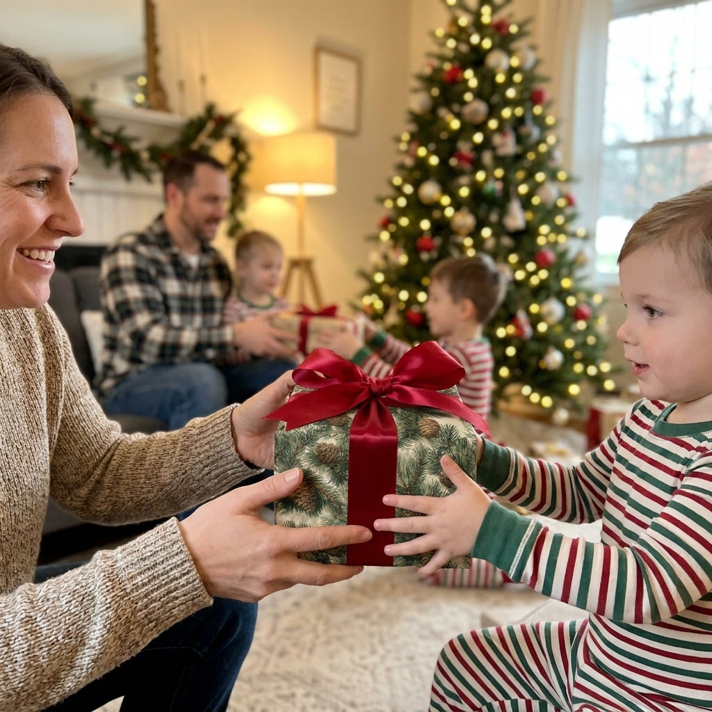 Boy receives gift in pinecone Christmas wrapping paper with red satin bow. Wrapped Studios holiday gift wrap.