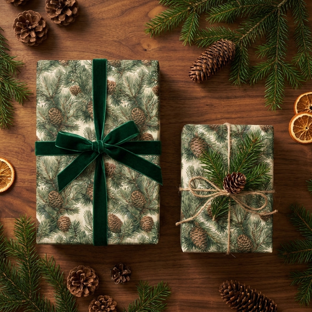Elegant pinecone Christmas wrapping paper with green velvet ribbon on holiday gifts by Wrapped Studios.