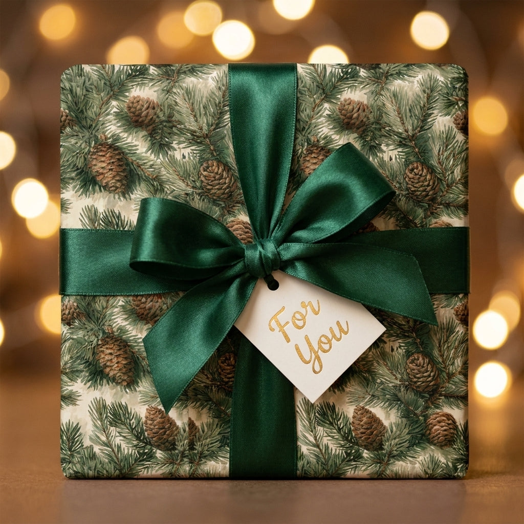Rustic pinecone Christmas wrapping paper with green satin bow and tag by Wrapped Studios.