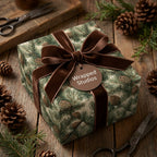 Rustic pinecone Christmas wrapping paper with a brown velvet ribbon on a gift box by Wrapped Studios.
