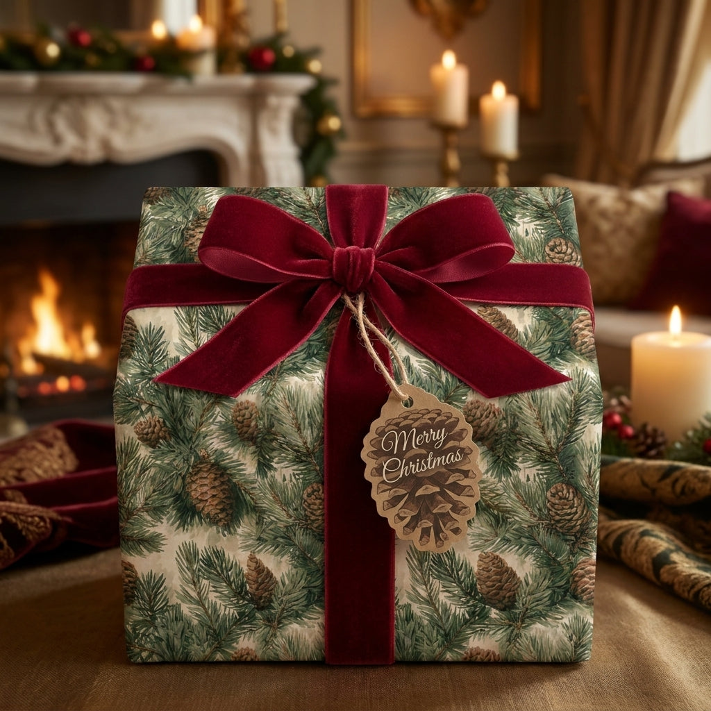 Luxury Christmas wrapping paper with a rustic pinecone pattern and red velvet bow by Wrapped Studios.