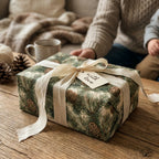 Rustic Christmas wrapping paper with a pinecone pattern and cream ribbon by Wrapped Studios.