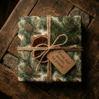Rustic pine cone Christmas wrapping paper on a gift tied with twine and dried oranges by Wrapped Studios.