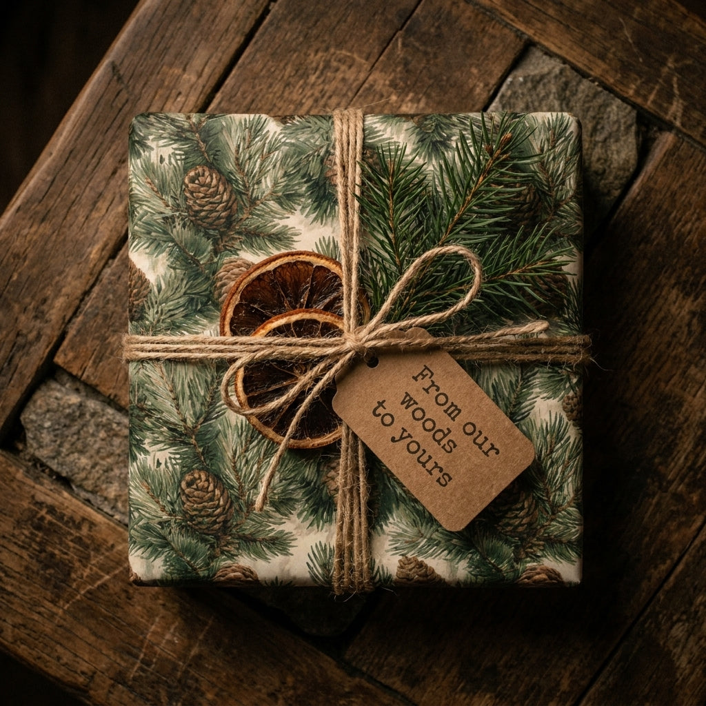 Rustic pine cone Christmas wrapping paper on a gift tied with twine and dried oranges by Wrapped Studios.