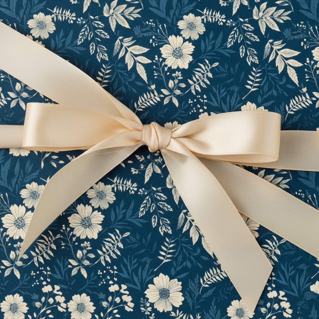 Close-up of a gift wrapped in elegant floral wrapping paper with a champagne-colored satin bow.