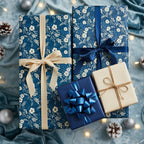 Elegant gifts wrapped in navy floral wrapping paper with satin and velvet ribbons.