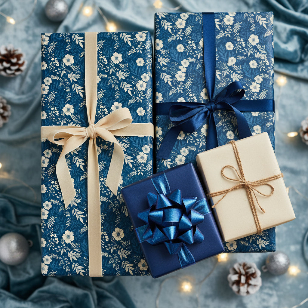Elegant gifts wrapped in navy floral wrapping paper with satin and velvet ribbons.