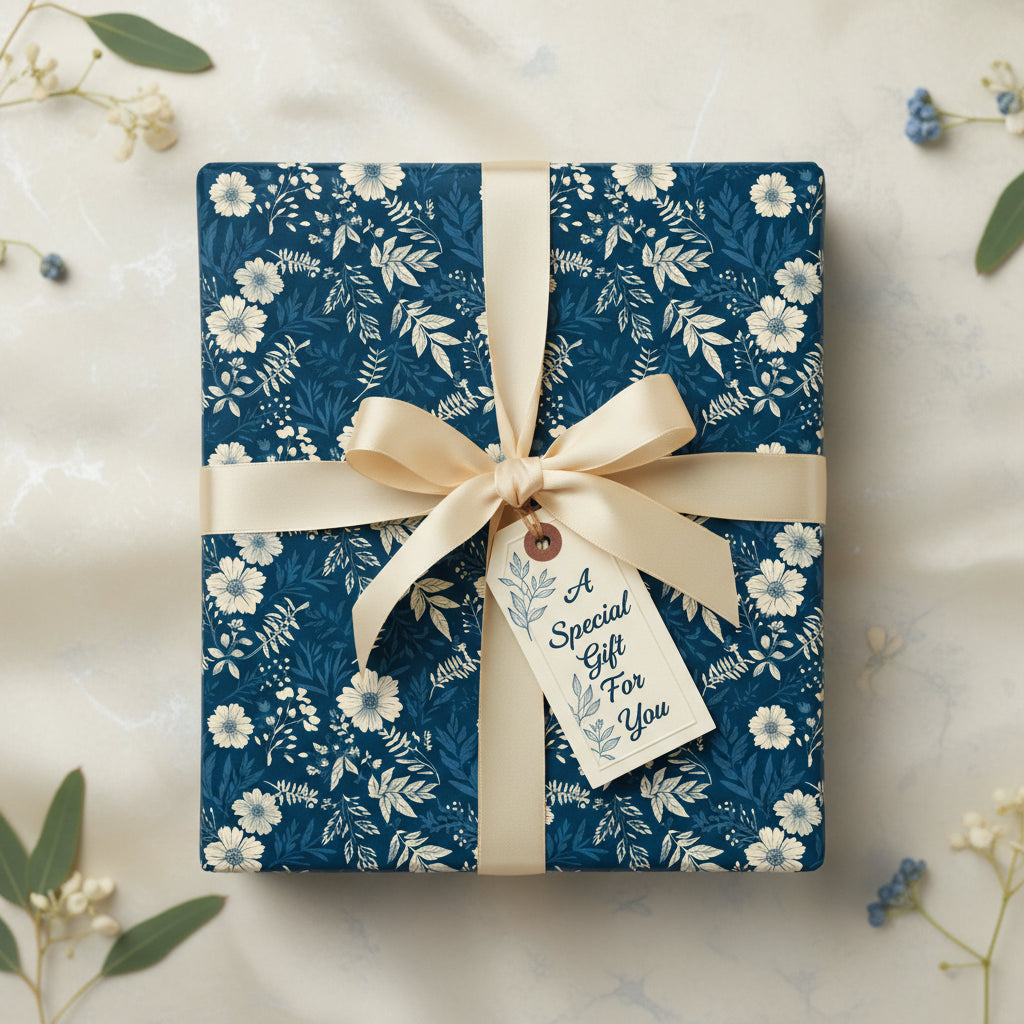 Navy blue floral wrapping paper with tan ribbon and "A Special Gift For You" tag.