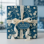Elegant gift wrapped in dark blue floral wrapping paper with cream ribbon and tag.