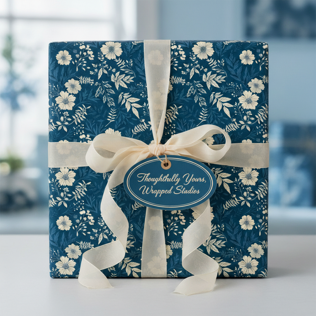 Elegant gift wrapped in dark blue floral wrapping paper with cream ribbon and tag.