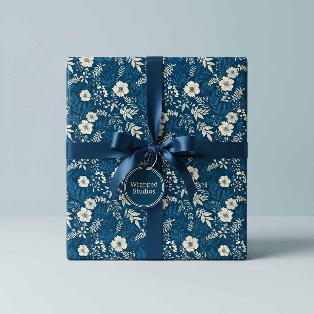 Square gift wrapped in elegant navy floral wrapping paper with matching satin ribbon and bow.
