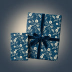 Navy floral wrapping paper with velvet ribbon for elegant gifts, birthday or any occasion.