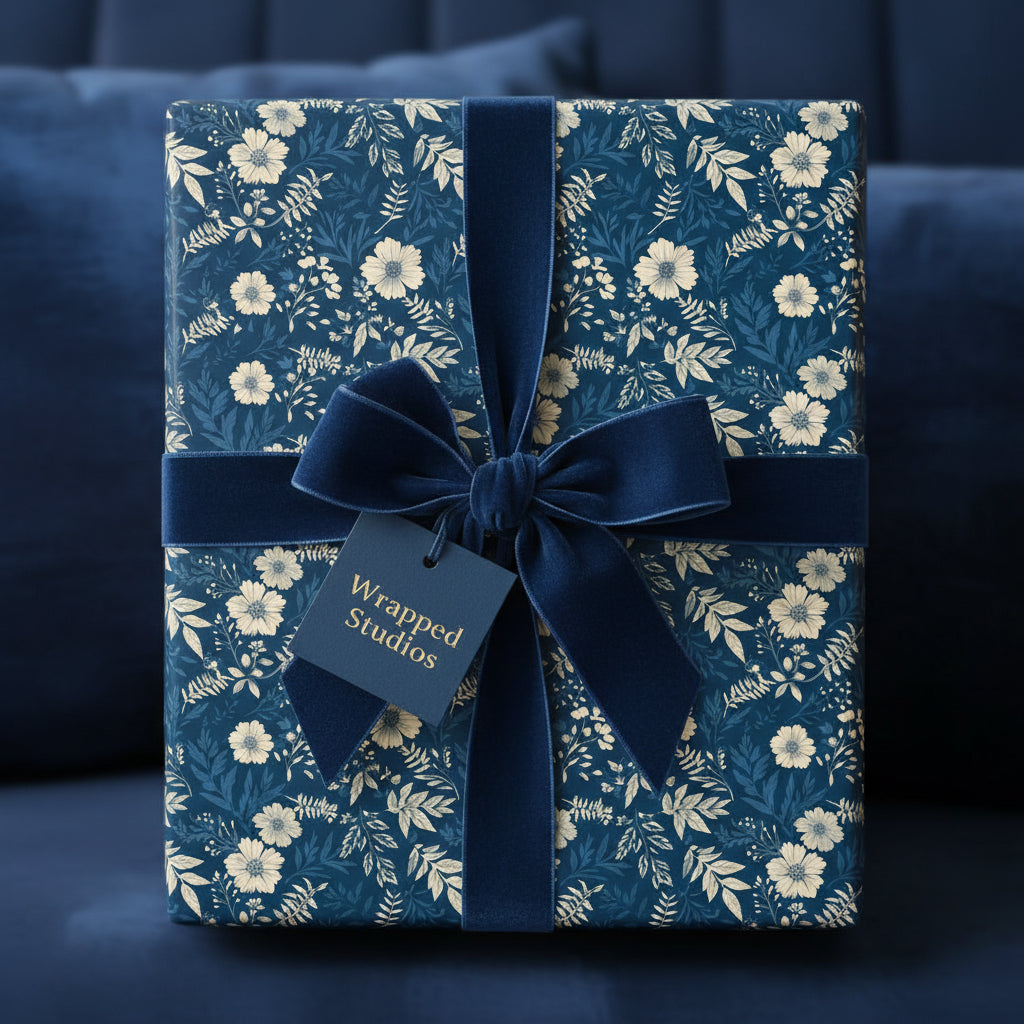 Navy floral wrapping paper with velvet ribbon, perfect for elegant gift giving.