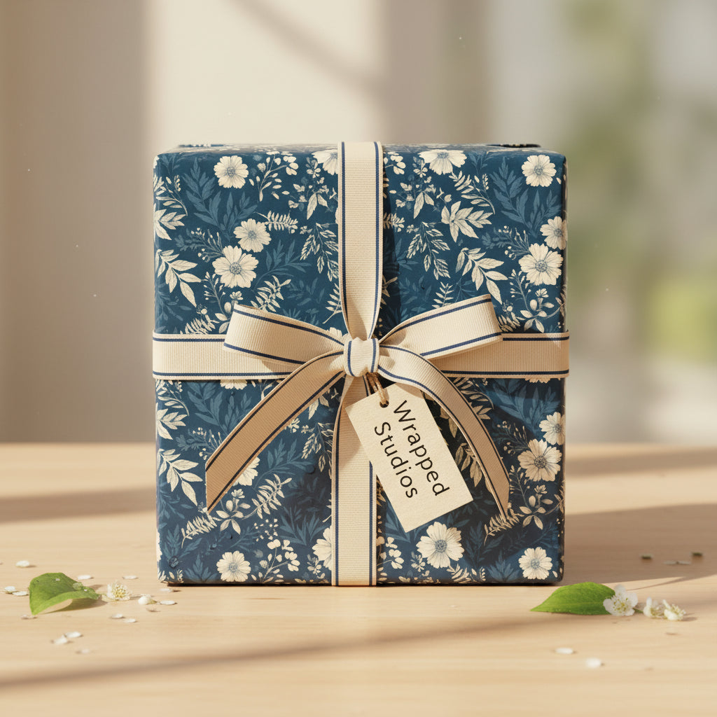 Elegant navy floral wrapping paper with a beige ribbon and bow on a square gift box.