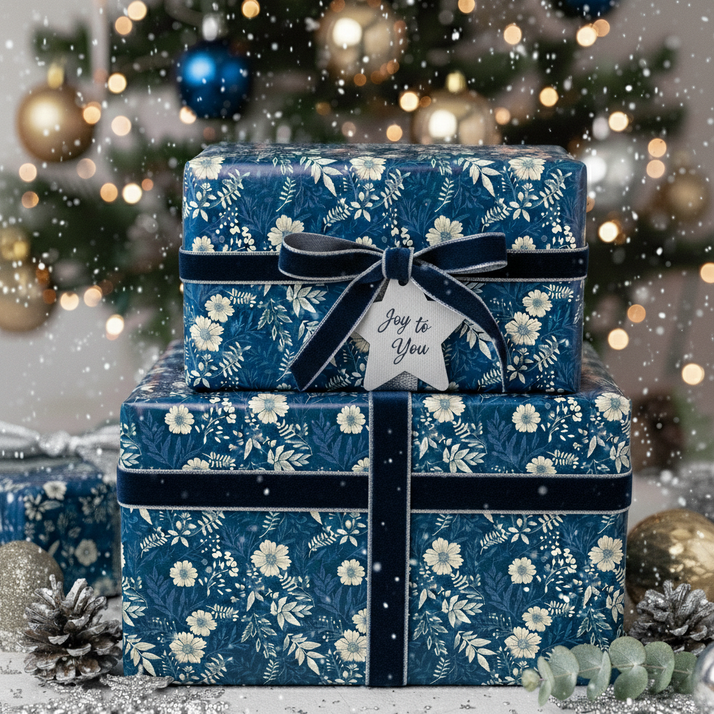 Elegant Christmas gift wrap: Blue floral wrapping paper with velvet ribbon and a "Joy to You" tag.