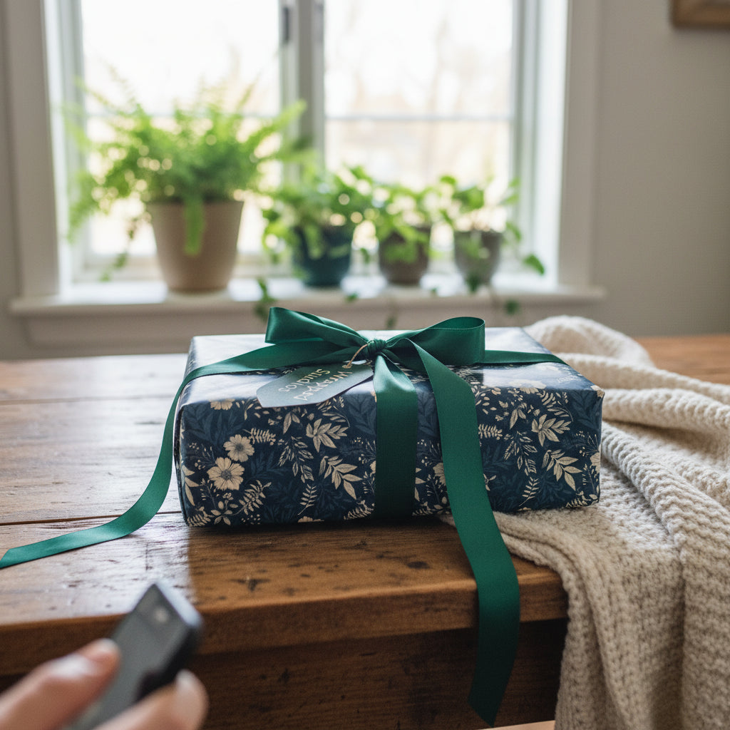 Navy floral wrapping paper on a gift with a green satin ribbon on a wooden table.