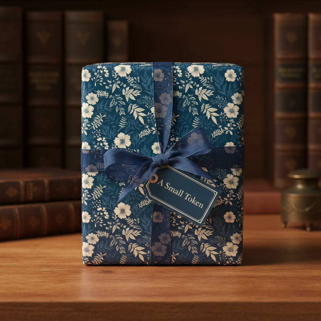 Elegant gift wrapped in navy floral wrapping paper with a sheer ribbon and "A Small Token" tag.