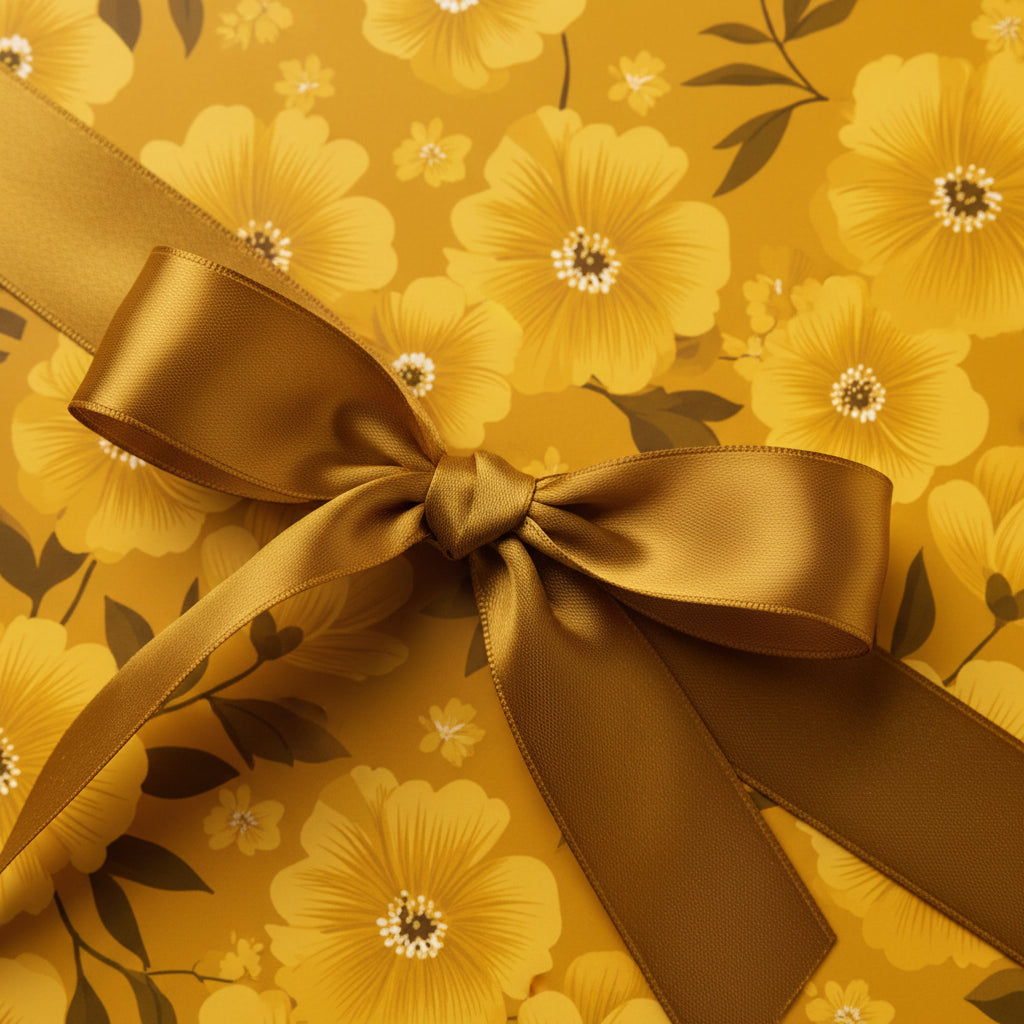Gift wrapped in mustard yellow floral wrapping paper, tied with a luxurious gold satin ribbon bow.