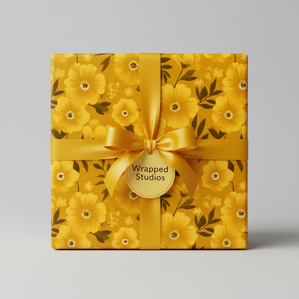 Square gift box wrapped in yellow floral wrapping paper with a matching ribbon and bow.