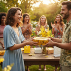 Woman receiving a present wrapped in yellow floral birthday wrapping paper at an outdoor garden party.