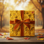 Square gift wrapped in yellow floral wrapping paper with a rust-colored velvet ribbon and bow.