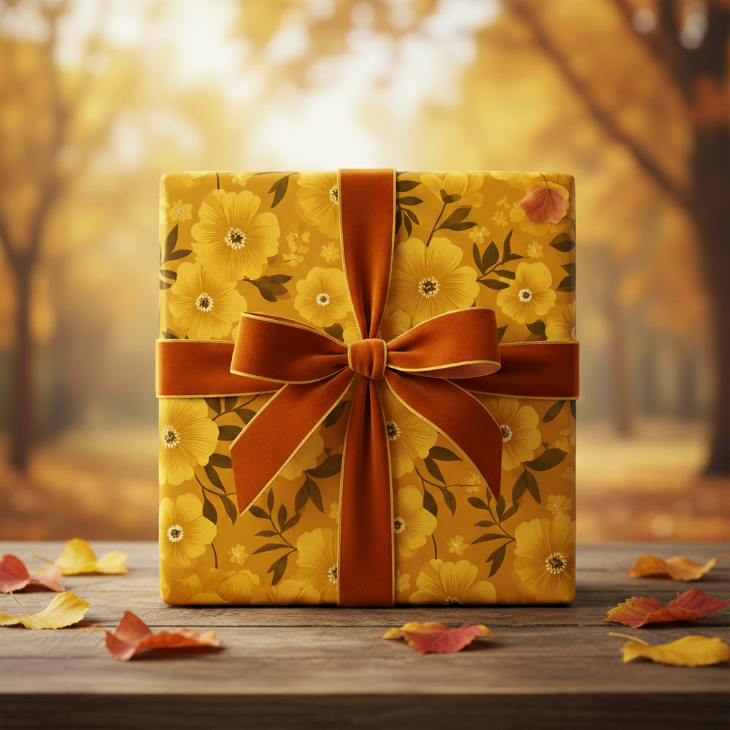 Square gift wrapped in yellow floral wrapping paper with a rust-colored velvet ribbon and bow.