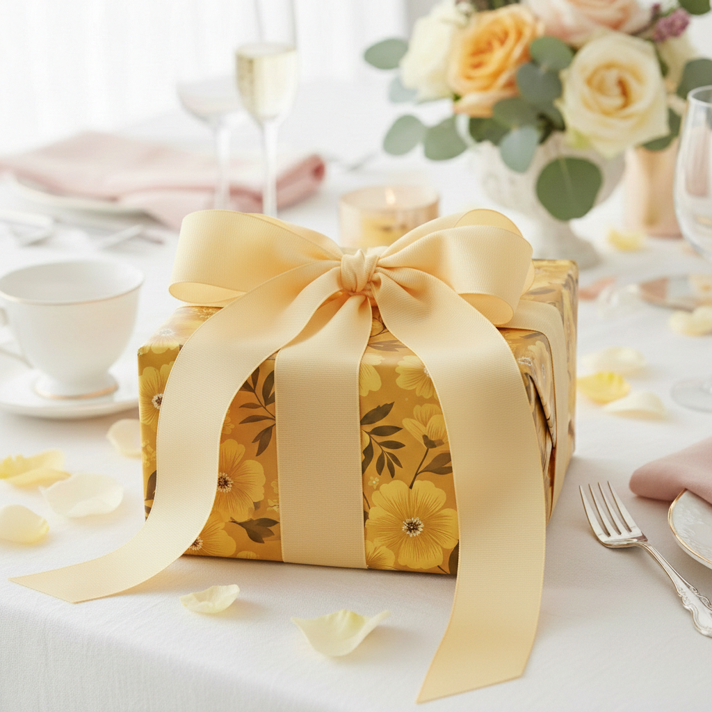 Elegant floral wrapping paper in gold tones with a large pale yellow ribbon on a gift box for a special occasion.