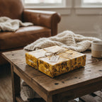 Gift wrapped in yellow floral wrapping paper, tied with twine on a rustic wooden table.