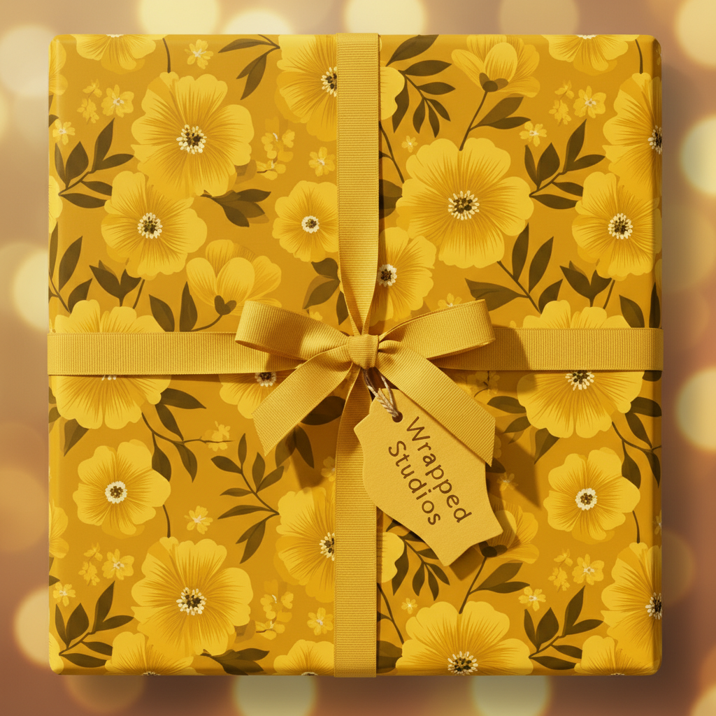 Mustard yellow floral wrapping paper with matching ribbon and bow.