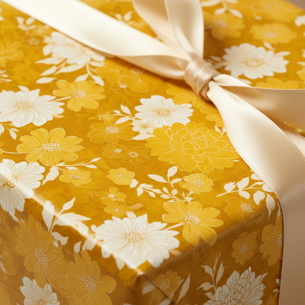 Mustard floral wrapping paper with cream satin ribbon, perfect for a birthday or special occasion gift.