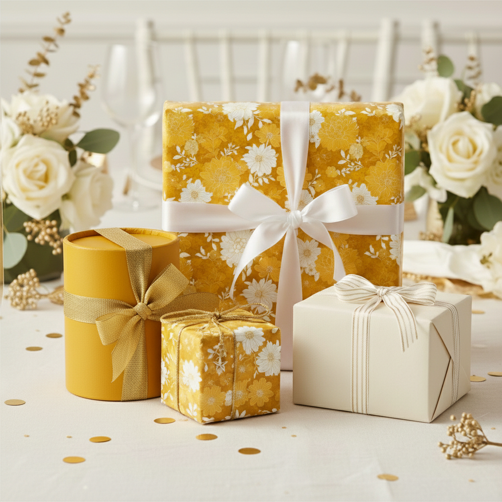 Elegant gifts wrapped in floral wrapping paper: mustard yellow with white flowers, tied with ribbons for a special occasion.