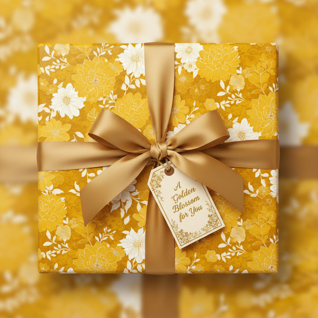 Golden floral wrapping paper with satin ribbon bow, perfect for birthday gift wrap or special occasion.