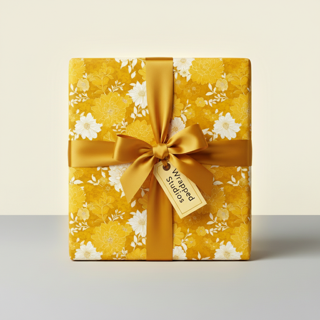 Square gift box in mustard yellow floral wrapping paper with gold ribbon bow.
