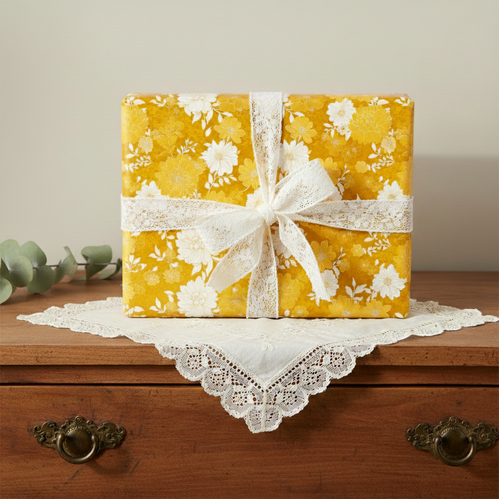 Square gift wrapped in vintage floral wrapping paper with lace ribbon, sitting on a dresser.