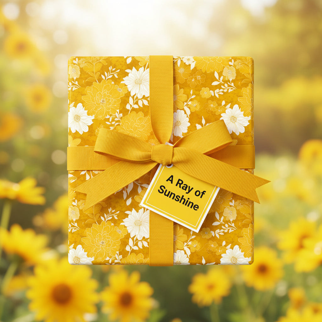 Cheerful birthday wrapping paper: golden floral gift wrap with matching ribbon and "A Ray of Sunshine" tag.