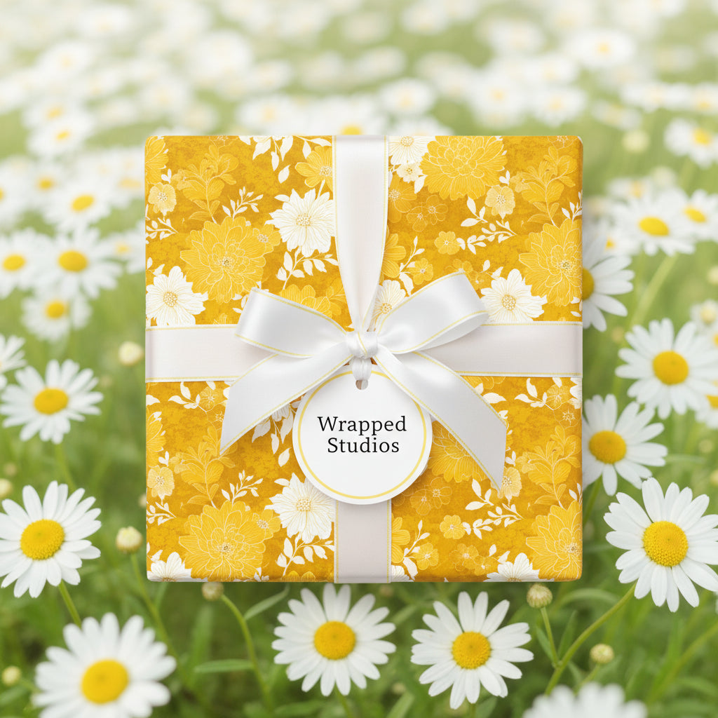 Golden floral wrapping paper with white ribbon, on a gift box surrounded by white daisies.