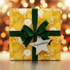Gift box in yellow floral wrapping paper with dark green velvet ribbon and "Congratulations!" star tag.