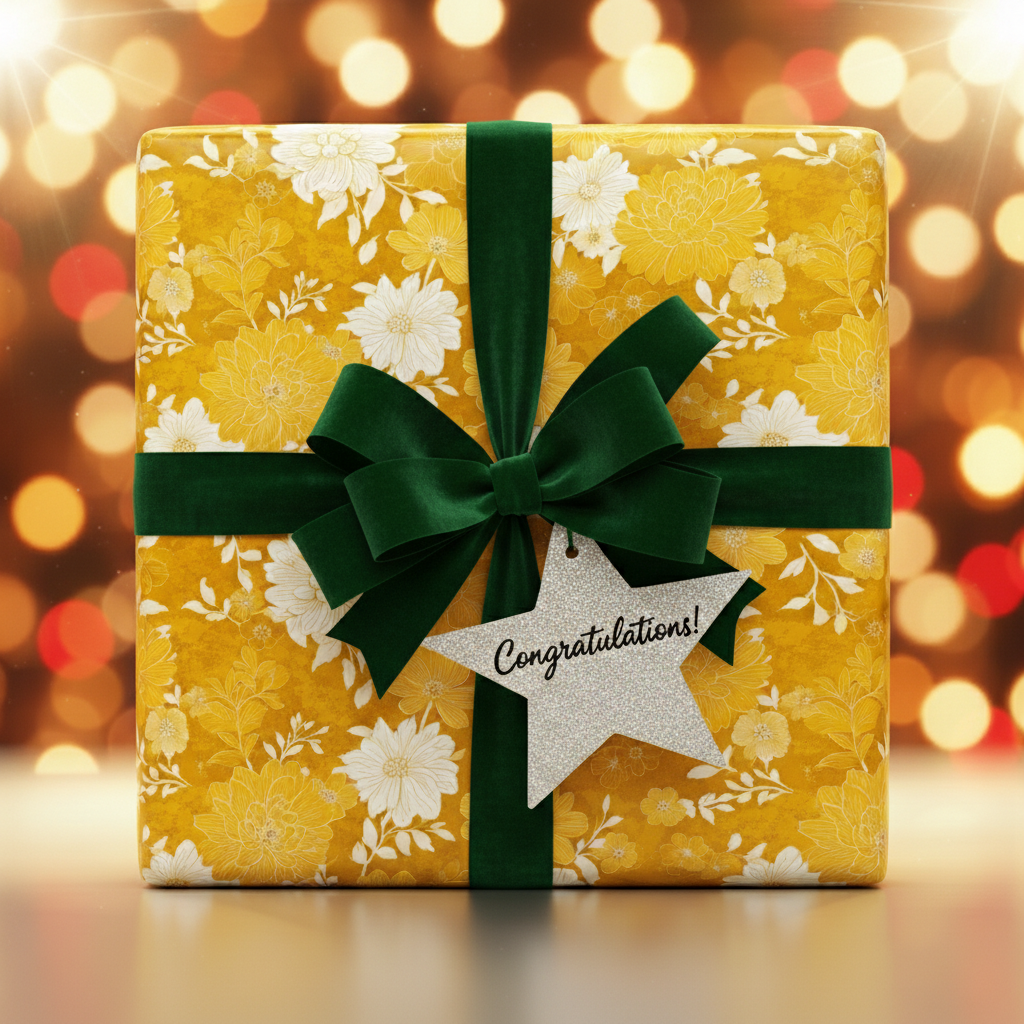 Gift box in yellow floral wrapping paper with dark green velvet ribbon and "Congratulations!" star tag.