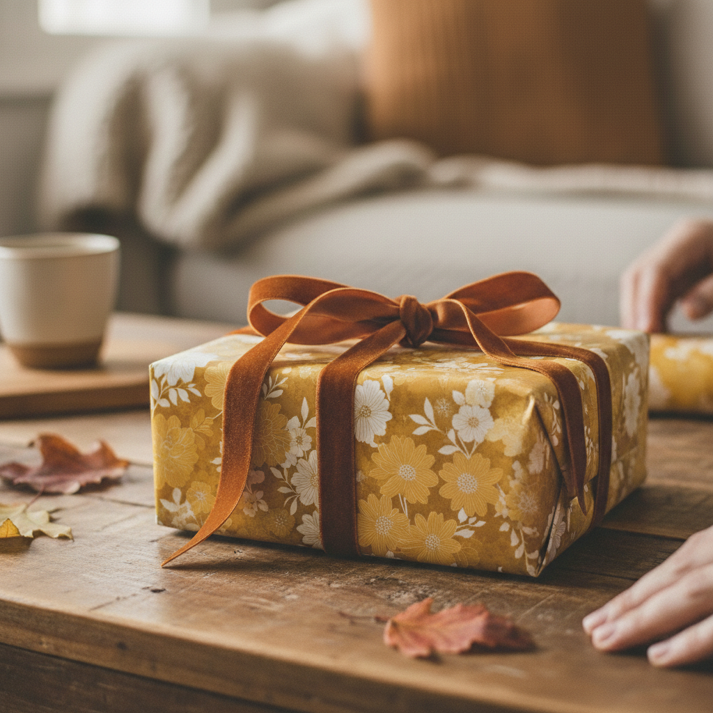Gift wrapped in yellow floral wrapping paper with a brown velvet ribbon, sitting on a wooden table.