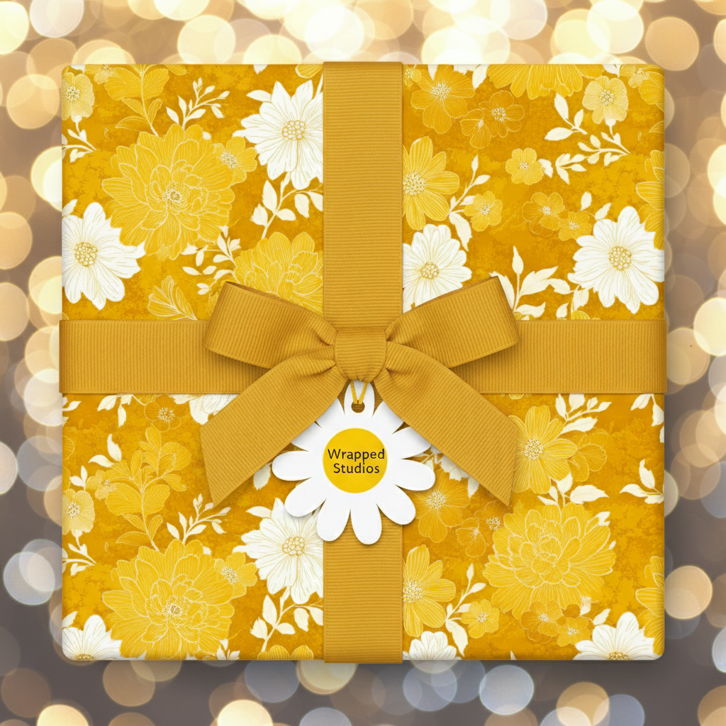 Golden floral wrapping paper on a square gift box tied with a matching ribbon and daisy tag.
